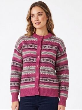 Vintage 100% Wool Fair Isle Striped Cardigan Knit Sweater Large Pink